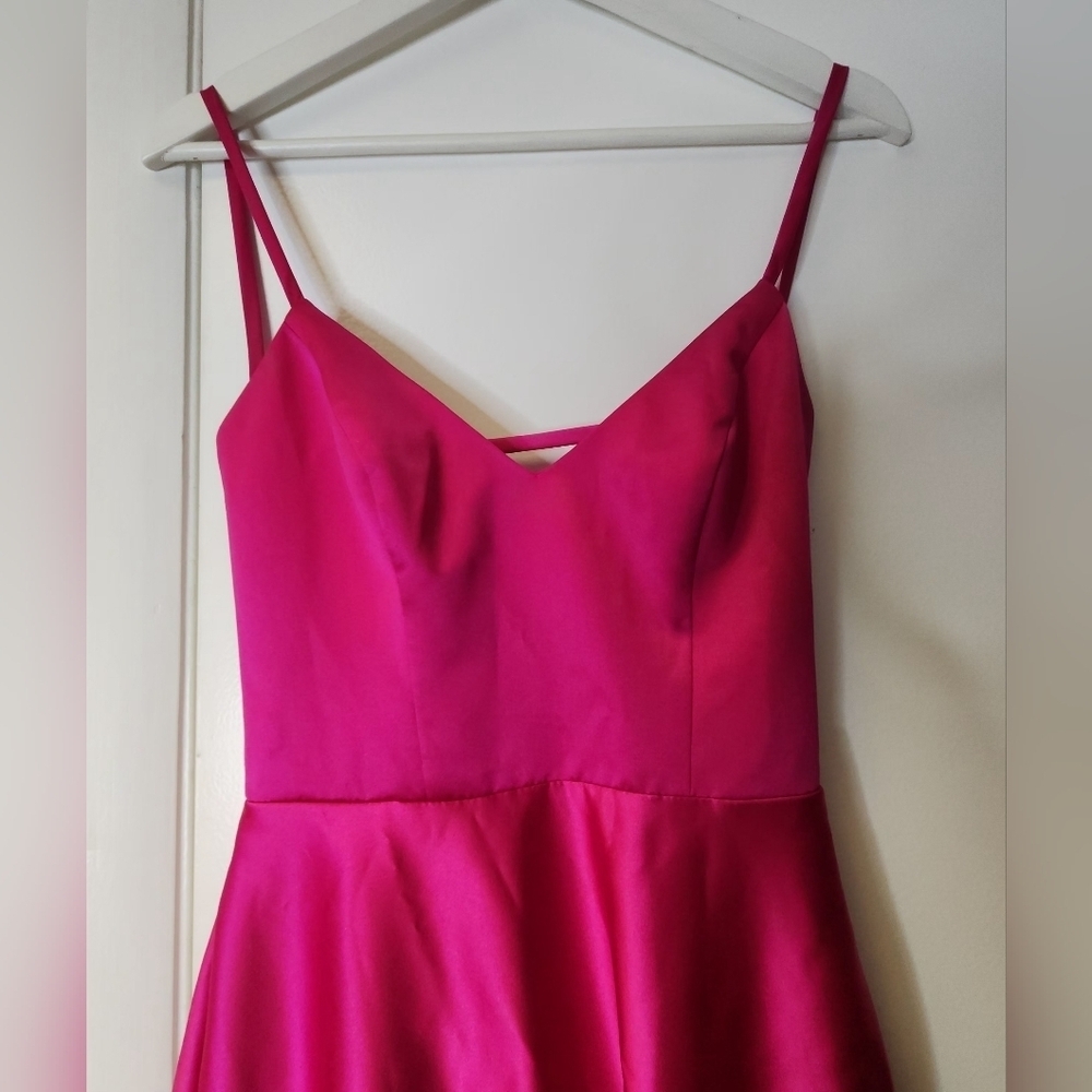 JULES AND CLEO DAVID'S BRIDAL Satin Spaghetti Strap A Line Dress Hot Pink Size 4 - Picture 7 of 15